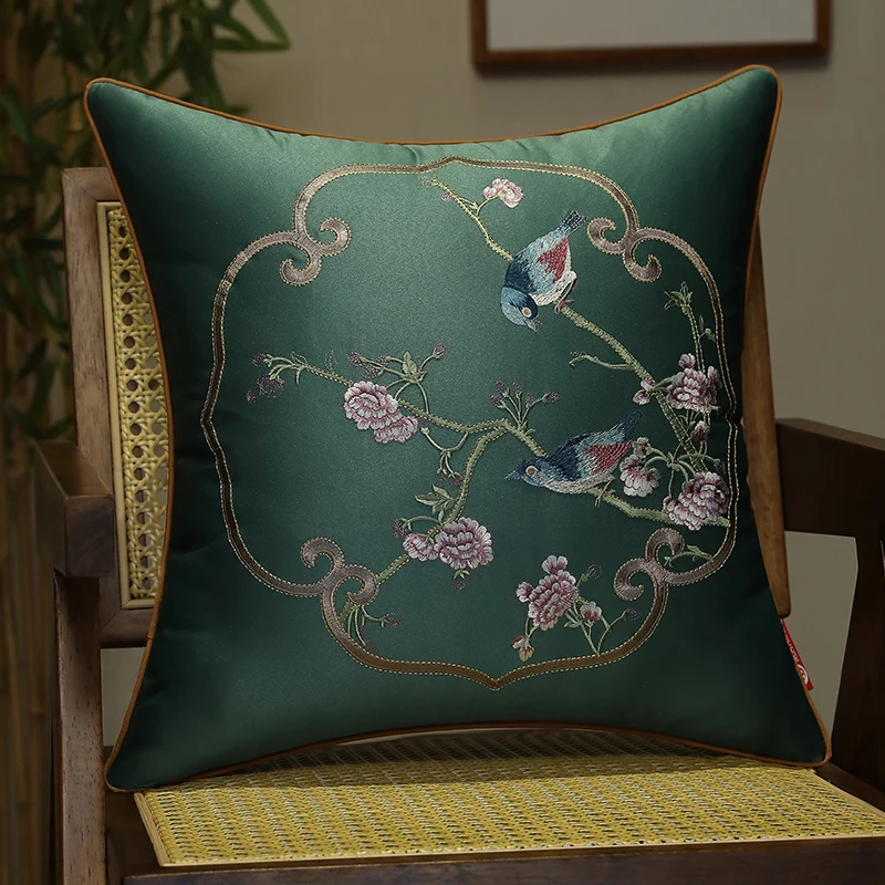 Chinese Art Pillows Flora Birds Cushion Case Retro Yellow Green Decorative Pillow Cover For Sofa Chair Home Decorations