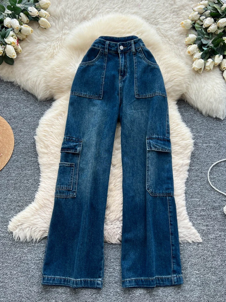 

Женские джинсы с высокой талией и широкими штанинами, новые, весна-лето, повседневные, свободные, прямые, длинные брюки, рабочая одежда, с множеством карманов