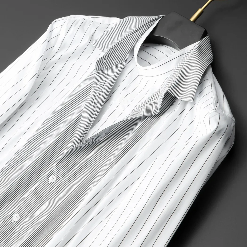 

Trend Double-layer Collar Striped Shirts Men Versatile Casual Business Dress Shirt Fashion Slim Fit Banquet Party Shirts