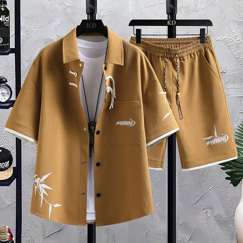 Summer New men\'s Printed Shirt Sets High quality Fashion Trend Shirt Shorts 2Piece Suit