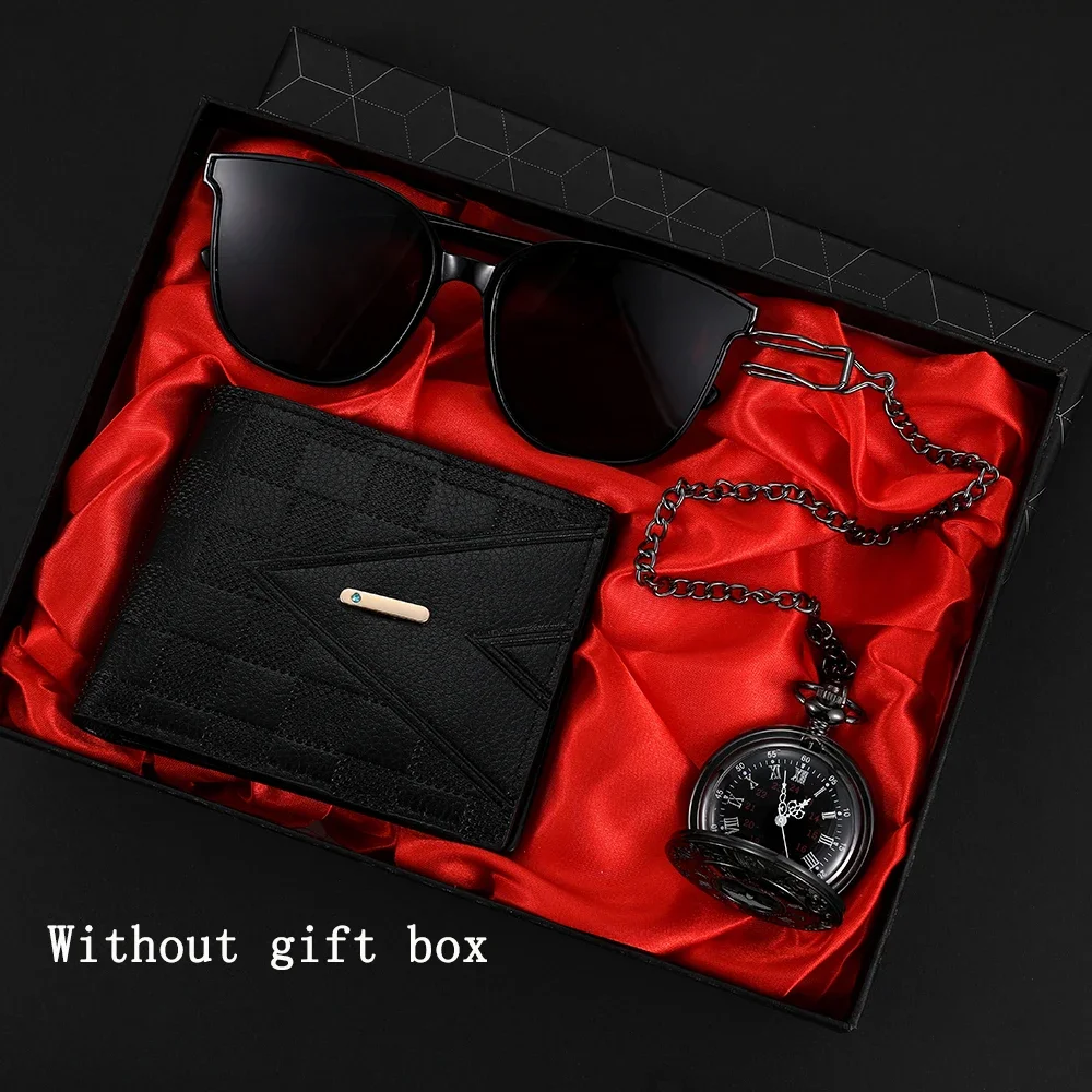 Versatile retro commemorative quartz pocket watch round black wallet sunglasses 3pcs combination set