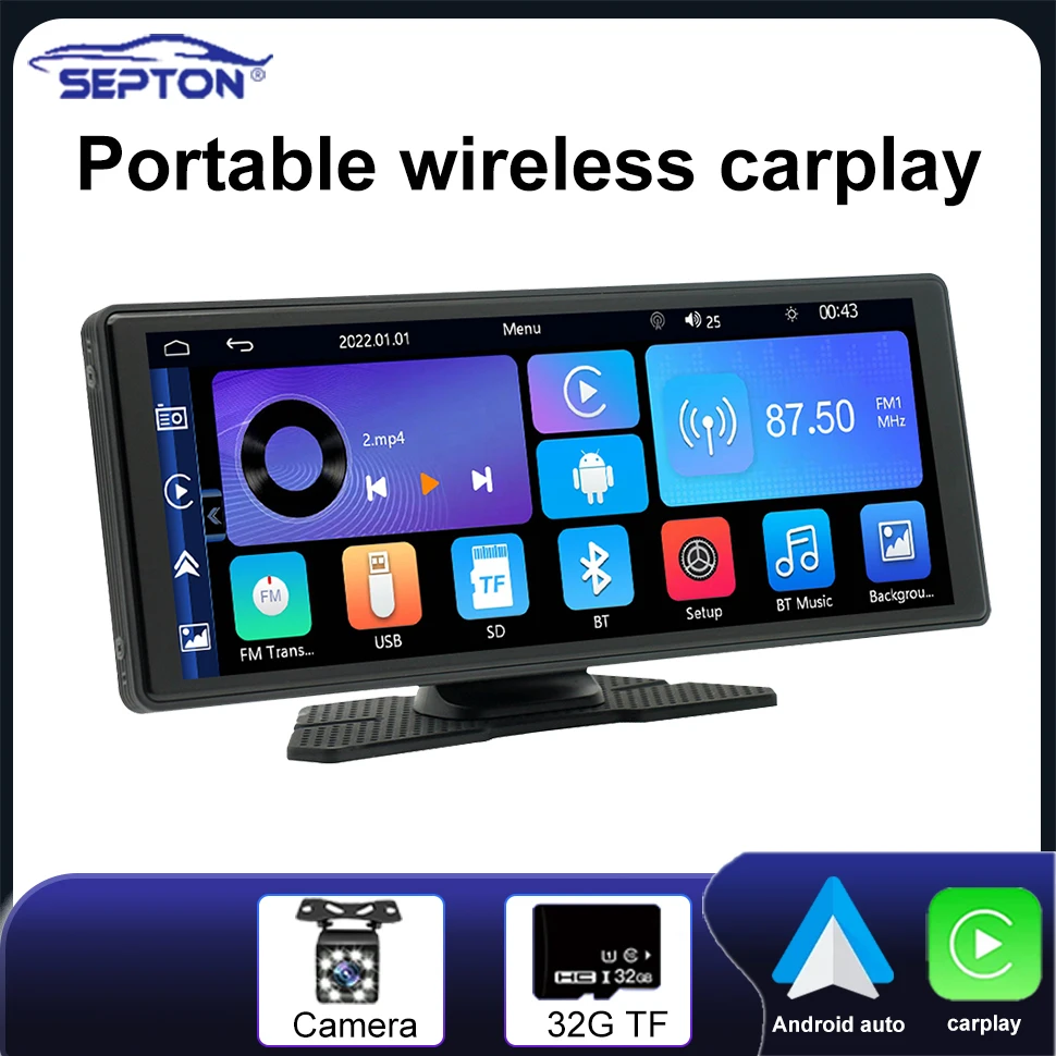 

SEPTON 10-дюймовый 2 Din Android Auto универсальный портативный беспроводной Carplay FM/BT HD сенсорный экран автомобильный радиоприемник мультимедийный видеоплеер