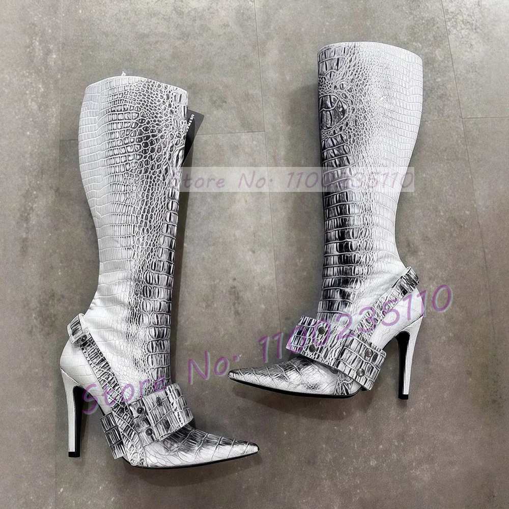 Sexy Black White Gradient Crocodile Tall Boots Women Stylish Pointy Toe Buckle Strap Shoes Ladies Leather Splicing Sewing Boots
