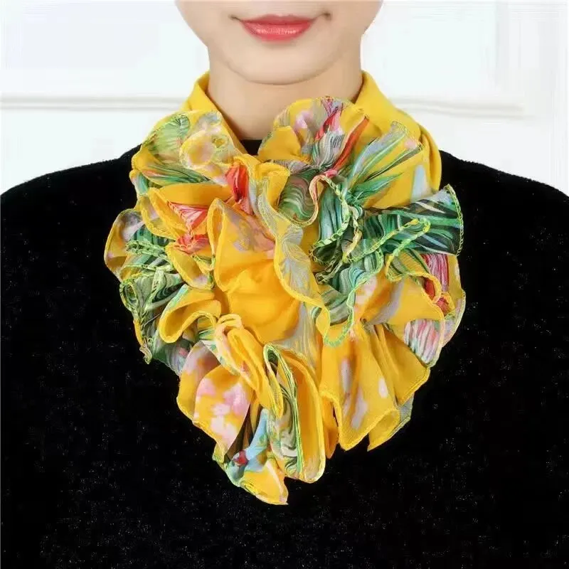 Floral Print Chiffon Neck Collar Ruffles Fake Collar Elegant Women Neckerchief Detachable Neck Warm Instant Scarf 23*14cm