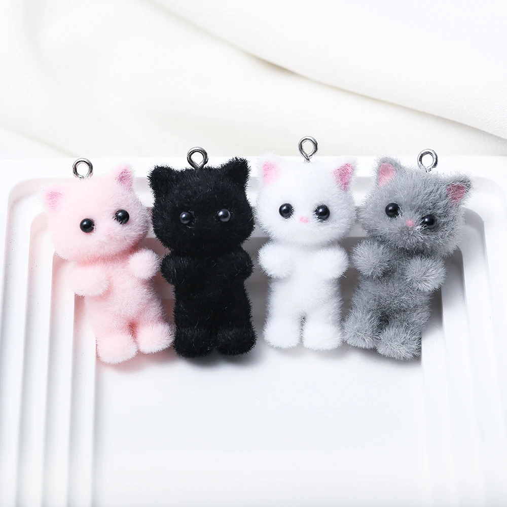 4PCS Kawaii Cat Pendant 3D Fluffy Flocking Animal Cat Charms Miniature Dolls Keychain Necklace Pendant DIY Crafts Jewelry Make