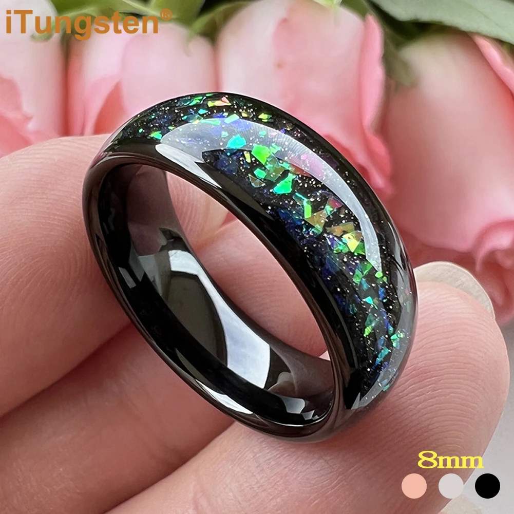 

iTungsten 8mm Men Women New In Opal Rings Nice Tungsten Wedding Band Domed Polished Comfort Fit Free Shipping