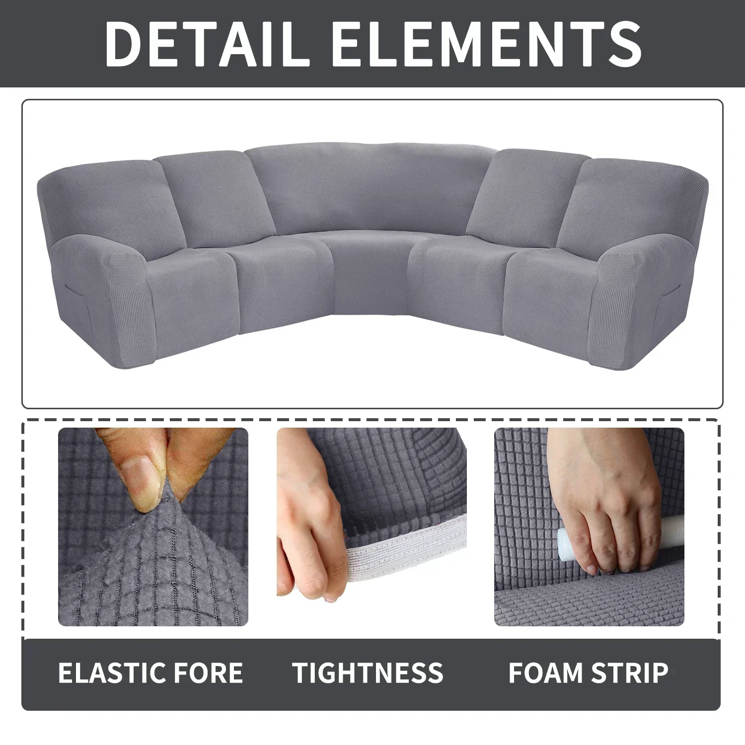5 Seater Grid Jacquard Recliner Sectional Sofa Cover High Elastic 7pcs Curved L Shape Recliner Sofa Cover with Foam Strips