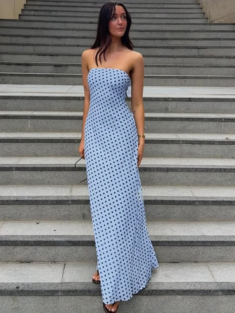 Blifanbo Polka Dot Print Sexy trägerloses Damen-Maxikleid, elegant, schulterfrei, ärmellos, rückenfrei, figurbetont, für Club-Partys, langes Kleid