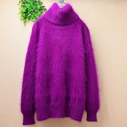 Ladies Women Fall Winter Purple Hairy Mink Cashmere Knitted Long Sleeves Turtleneck Slim Blouses Pullover Angora Sweater Jumper