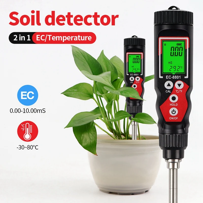 Rilevatore di terreno EC Tester di temperatura del terreno digitale EC Misuratore di conducibilità elettrica del terreno per piante in vaso da giardino