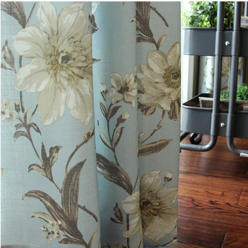 Grey Blue Lily Flower Art Fan Xiaoqing's New Curtains for Living Room Cotton and Linen American Printed Home Custom Curtains