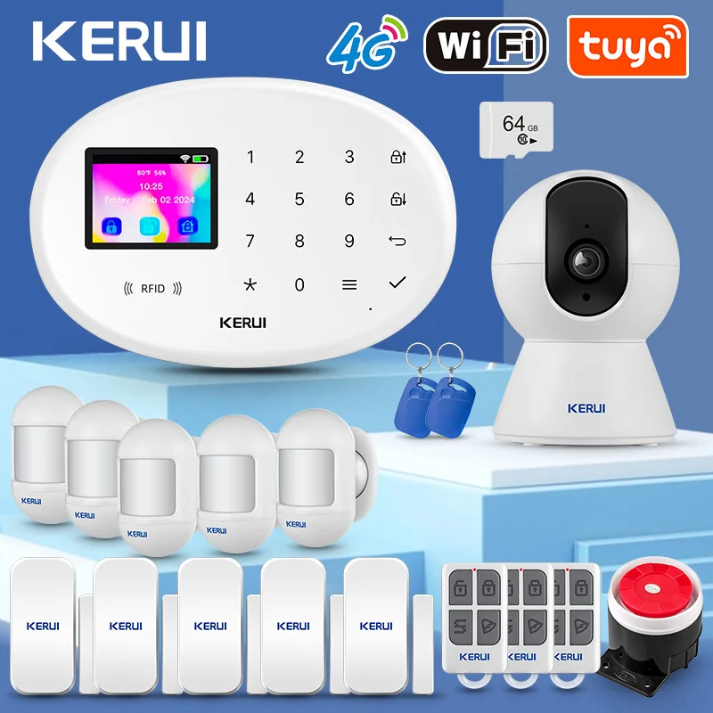 KERUI ワイヤレスアラーム Tuya、4G/WIFI ホームアラームパネル内蔵バッテリー、スケジュール設定付きアラームシステム、PIR センサー付き、W204