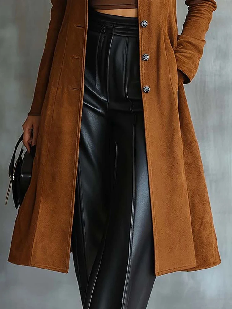 

Casual Women Loose Commute Long Jacket Temperament Simple Pocket Overcoat Vintage Imitate Suede Long Sleeve Stand Collar Coat