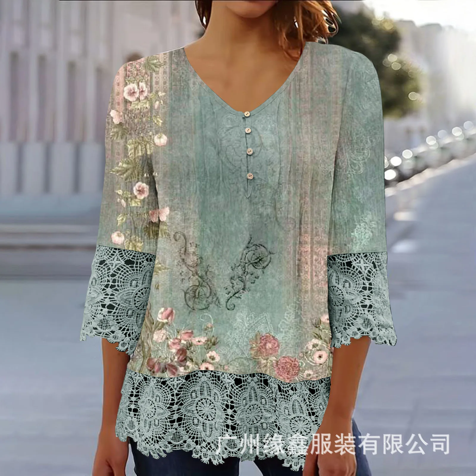 

New Women's Fashion Lace Button Print Seven Quarter Sleeve Top T-Shirt For Women