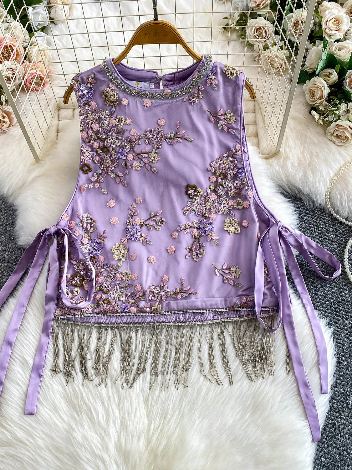 

Потрясающий круглый жилет с вышивкой из бисера, женский топ с кисточками для похудения, высококачественный топ Super Alliance