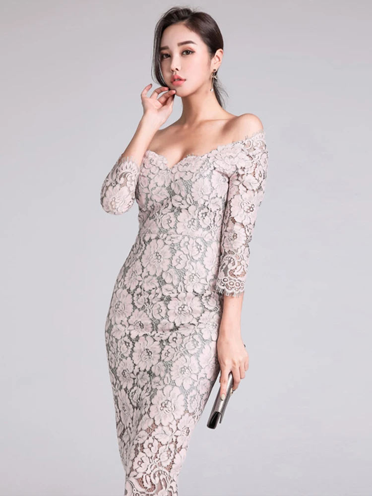 Korean Style Fashion Lace Dress Women Elegant Chic Sexy Low Cut Bodycon Midi Robe Evening Party Prom Vestidos Banquet Clothes