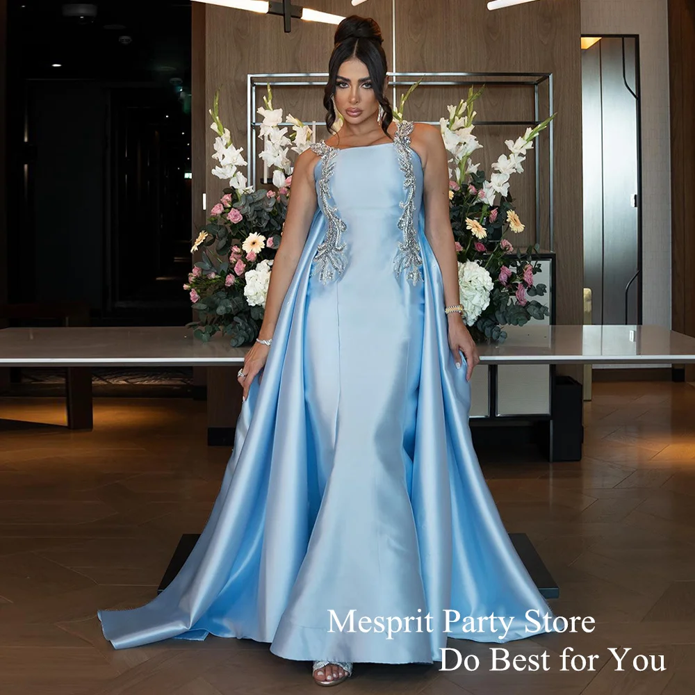 

Light Blue Mermaid Prom Dress Sleeveless Beading Applique Sweep Train Trumpet Evening Dresses Saudi Party Gown فساتين حفلة موسيق