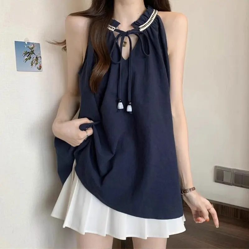 

Vintage Drawstring Beading Camis Loose Summer Sleeveless Female Clothing Basic Solid Color V-Neck Halter Stylish Spliced Tanks