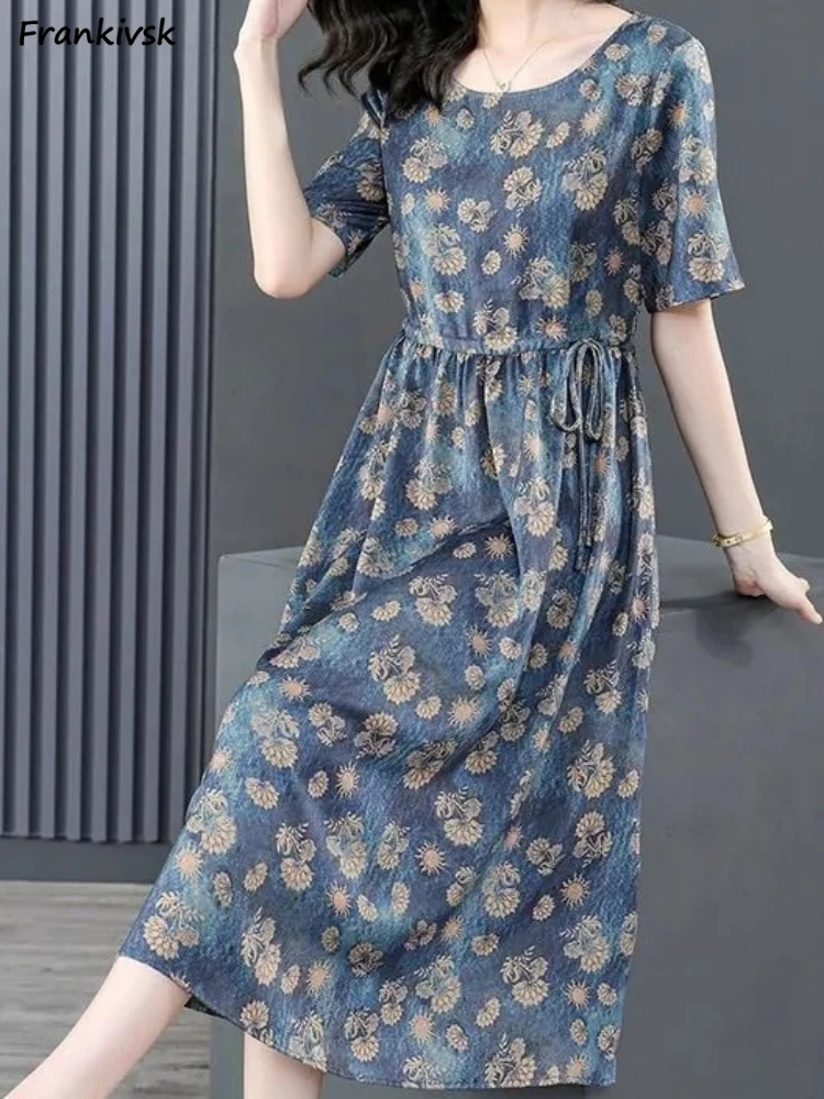 

Dresses Women Floral O-neck Middle Aged Folds Lace-up Elegant Retro Colorful Leisure All-match Streetwear Simple Summer Daily