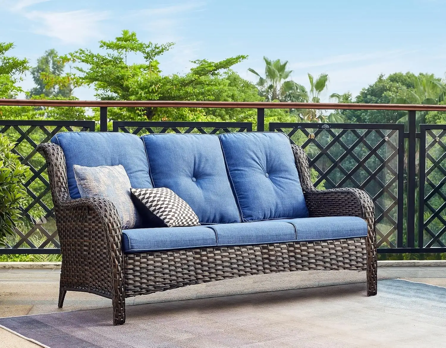 Large 3 Seater Wicker Patio Sofa, 900Lbs Capacity, 4in Deep Seat Cushions, All Weather Backyard Garden Poolside, Customized