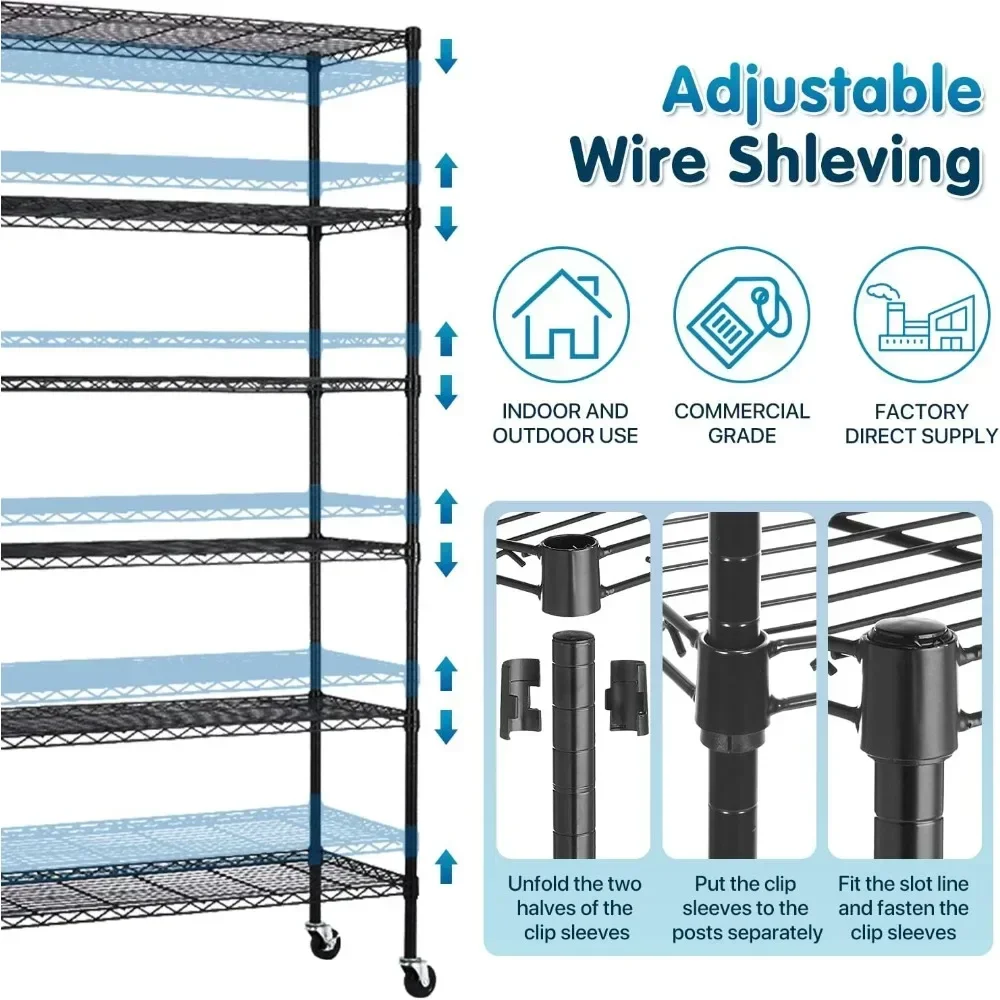 6 Tier Adjustable Wire Shelving Unit w/ Wheels,Heavy Duty Commercial Grade Storage Metal Shelving Rack for Garage Pantry Kitchen