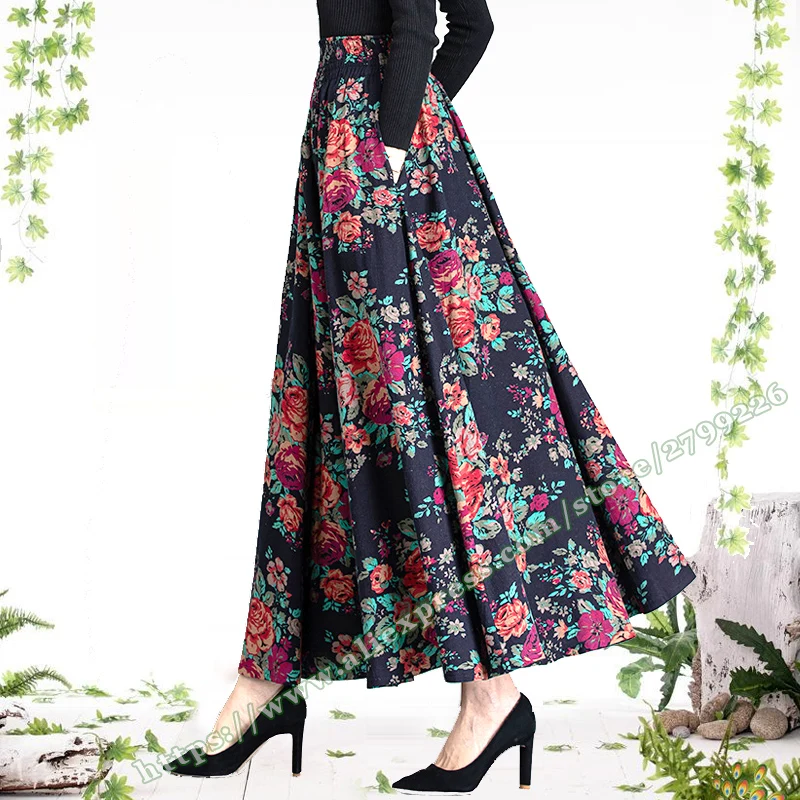 Female Cotton Linen Autumn Vintage Plus Size a-line High Waist National Fashion Big Flower Maxi Ladies Skirts for Womens