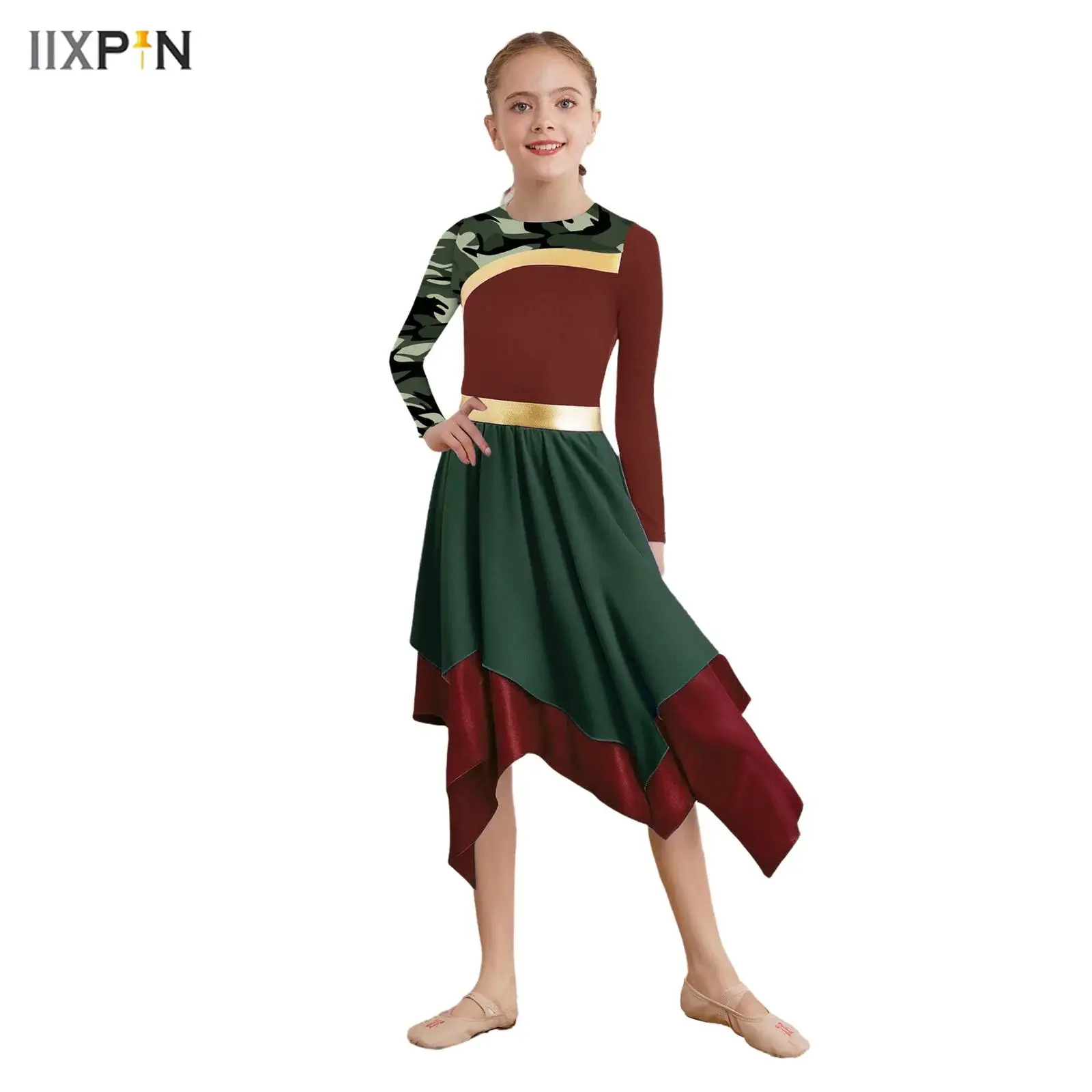 

Kids Girls Contemporary Praise Dance Dress Long Sleeve Printed Color Block Irregular Hem Worship Robe Dress Lyrical Modern Dress