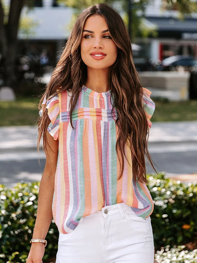 Casual Multicolor Striped Color Block Frill Shirt Women Elegant Round Neck Sleeveless Top Women Summer New Fashion Loose Vest