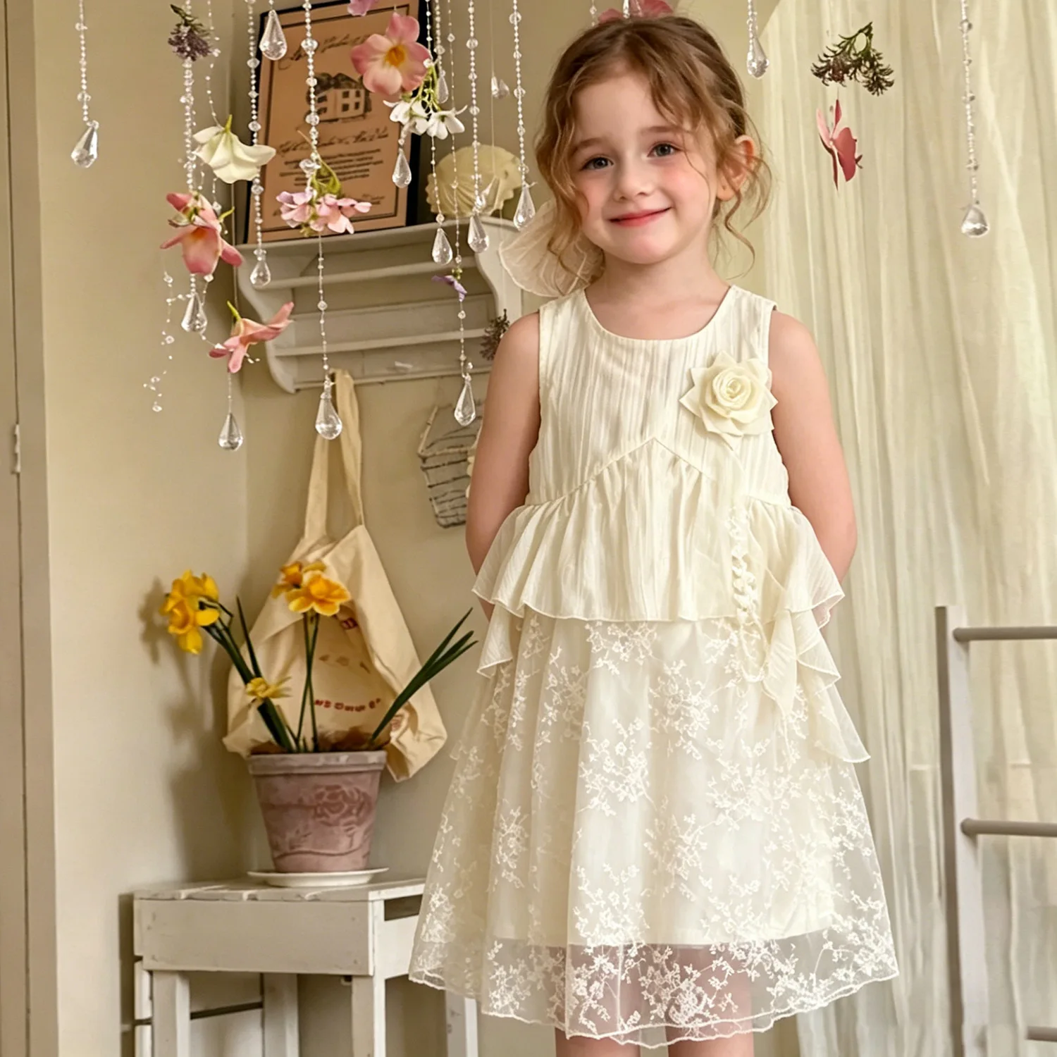 2026 Summer New Girl Princess Dress White Lace Embroidered Vest Skirt for Baby Girls French Fairy Style Dress