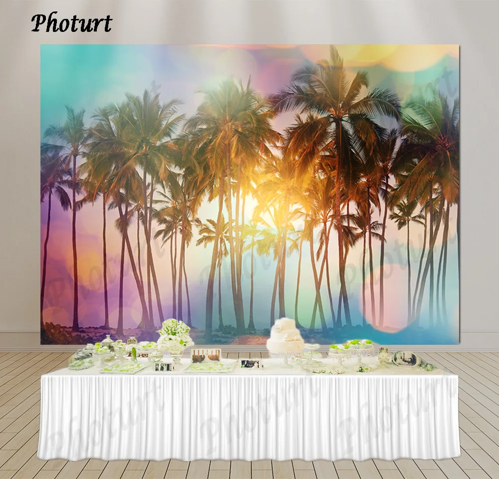 PHOTURT Beach Sunset Photography Backdrop Birthday Wedding Background Golden Sunshine Coconut Tree Vinyl Photo Studio Props