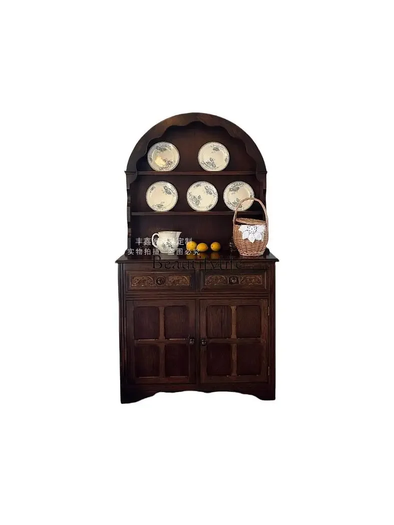 

Antique Solid Wood Sideboard Arch-Shaped Vintage Display Storage Photography Homestay Organizer Dish Cabinet