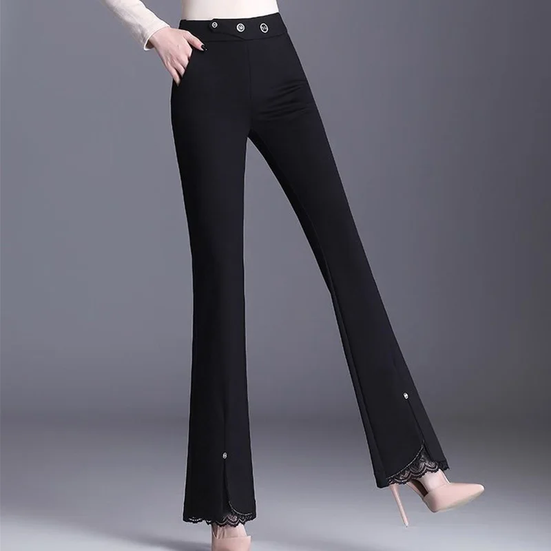 Spring Autumn Women 2022 New Commute Button Elastic Waist Fashion Foot Mouth Splicing Lace Black Pockets Split Straight Trousers