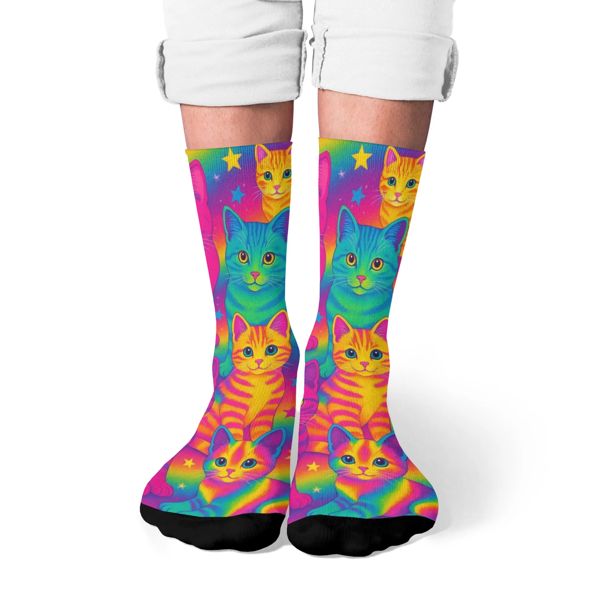 Une illustration de chat colorée et fantastique imprimer nouveauté drôle chaussette pour hommes Harajuku style rétro décontracté mode chaussette joyeux cadeau