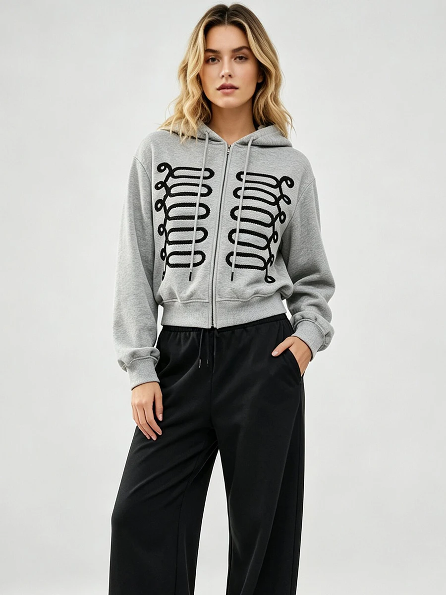 LIMO Grey Full Zip Hoodie Jacket Black Geometric Embroidery Drawstring Hood Cropped Long Sleeve Women Casual Streetwear