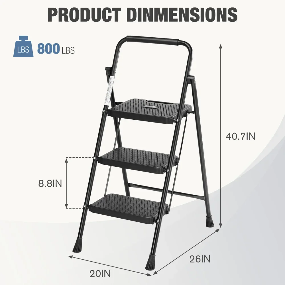 Quick folding steel ladder, portable step tool, 3 non-slip step ladder, suitable for high-altitude home/office work