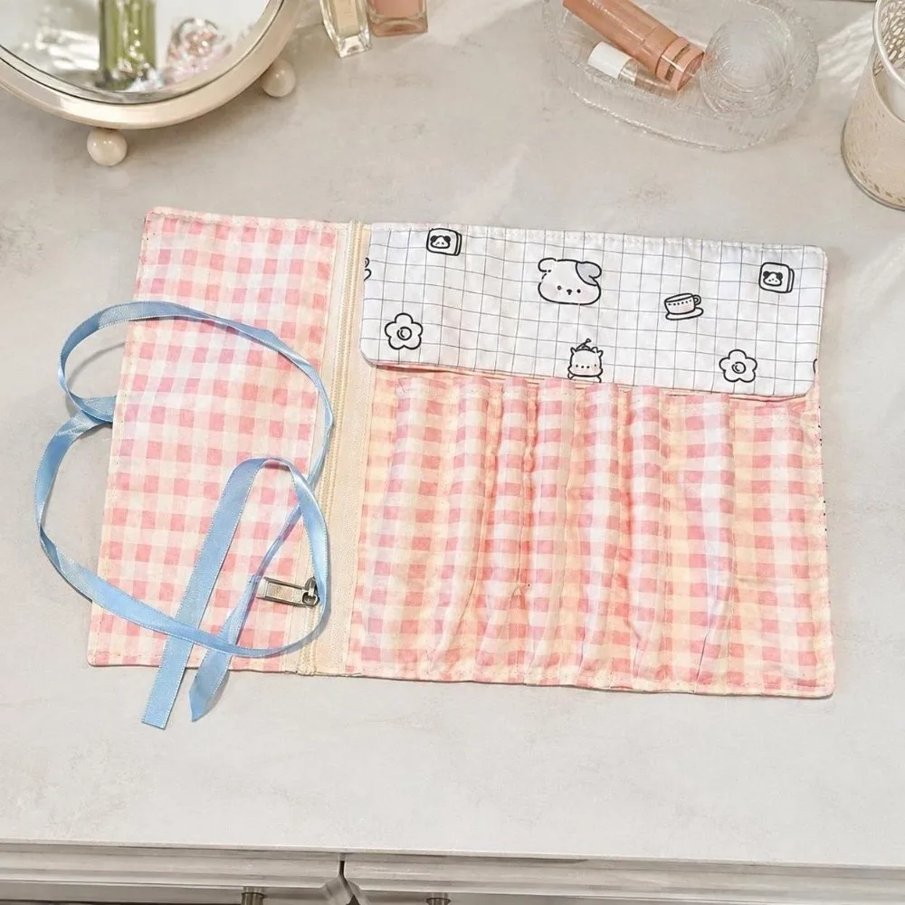 Multi-Slot Makeup Brush Roll Bag Grid Pattern Ribbon-Tie Cosmetic Brush Pouch Roll-Up Lightweight Brush Storage Wrap