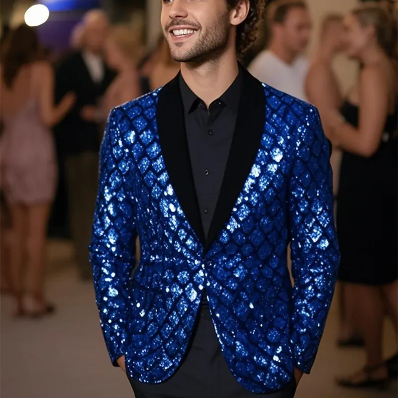

Fashion Men Wedding Prom Party Luxury Sequin Suit Loose Jacket Singer Pianist Bar KTV Stage Performance Plaid Dress Blazer
