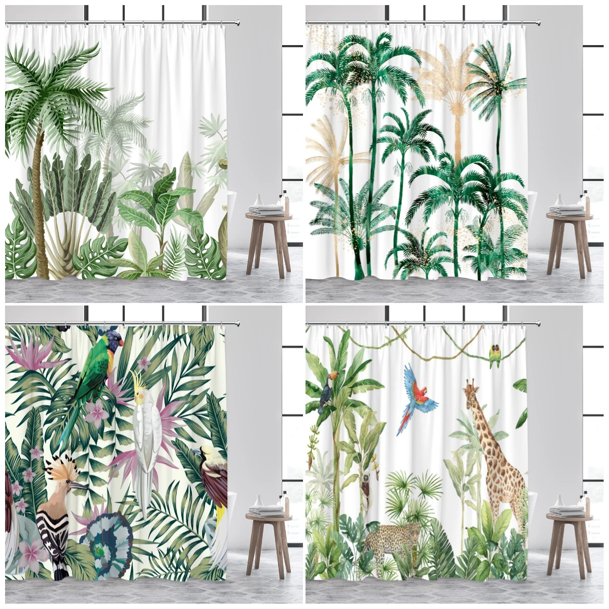 Tropical Palm Trees Plant Shower Curtains Parrot Giraffe Leopard Monstera Green Leaves Bathroom Curtain Polyester Home Decor Set