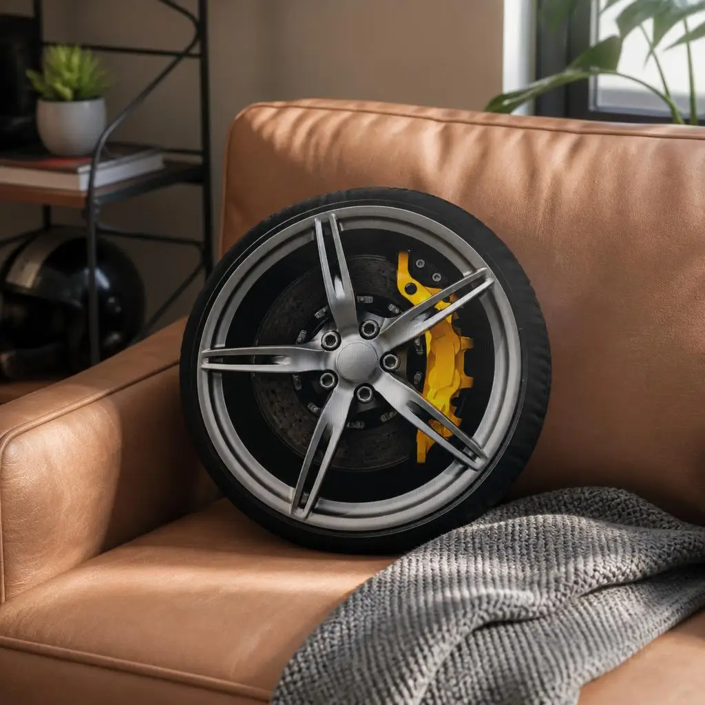 Performance Car Wheel Throw Pillow Alloy Rim Cushion Brake Caliper Stuffed Decorative Pillow for Automotive Home Decor Sofa