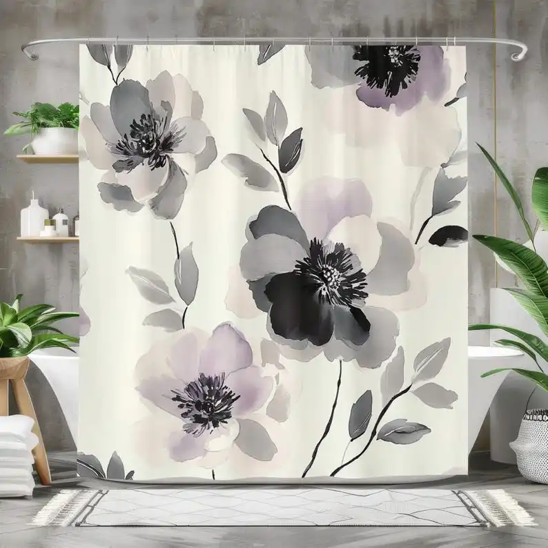 

Elegant Floral Shower Curtain - Waterproof Fabric Bath Curtain, Black and White Flower Bathroom Decor, Minimalist Design