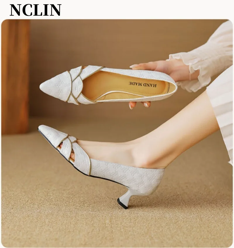 2024 Spring/Summer New Women Shoes Thin Heel Pointed Toe Shoes Genuine Leather Women Shoes High Heel Loafers Zapatos De Mujer