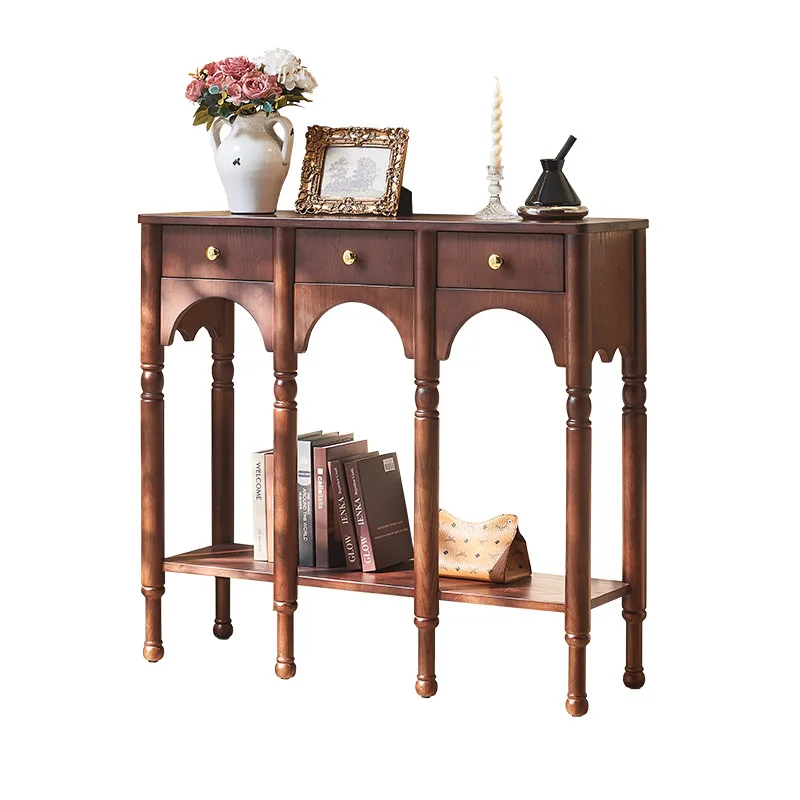 

French solid wood entrance rack, entrance cabinet with drawers, medieval arched design rack