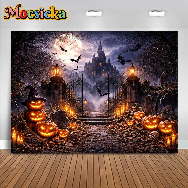 

Mocsicka Halloween Photography Backdrop Autumn Pumpkin Party Decor Background Cemetery Castle Props Kid Photo Studio Wall Poster