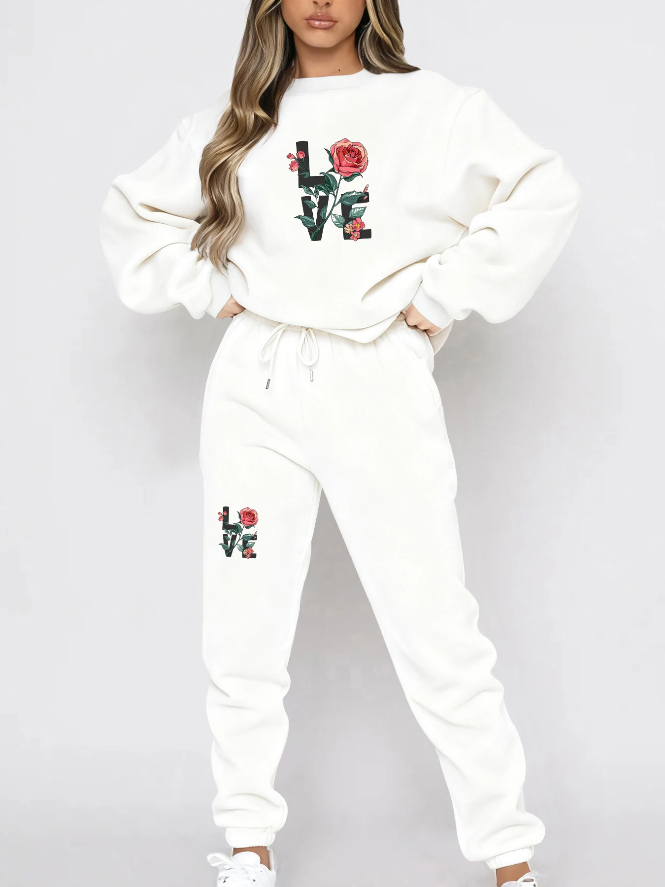 Must-Have for Autumn and Winter: Fleece-Lined Thickened Crewneck Sweatshirt Set, European and American Trendy Couple's Sweatshirt and Sweatpants Two-Piece Set, Women's Loose Oversize Sweatshirt + Long Pants, Long-Sleeve Regular Fit, Machine Washable, Durable and Wear-Resistant, Women's Casual Versatile Set, Warm, Comfortable, Windproof, Slimming, Fashionable and Trendy for Outings and Commuting, Round-Neck Personalized Design, Practical and Beautiful, Sweatshirt and Jogging Pants Two-Piece Set, Women's Clothing