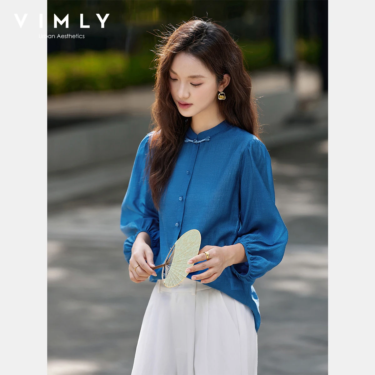 VIMLY Shirt Women Elegant Chinese Style 2025 Autumn New Lantern Sleeve Blouse for Woman Casual Chiffion Button Female Tops A3002