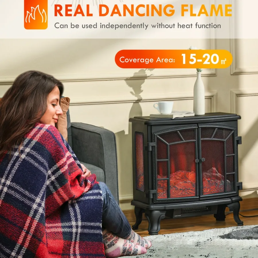 Electric Fireplace Heater Fireplace Stove with Realistic LED Flames and Logs Remote Control and Overheating Protection 750W/150