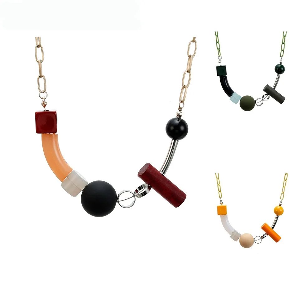 Women's Geometric Acrylic Bead Necklace Pure Handmade Wood Bead Retro Pendant Necklace New Cross-border Popular Jewelry