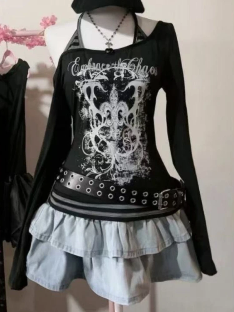 American Vintage Short Sleeved T-shirt Summer Hot Girl Fork Design Spliced Chic Tops Y2k Lace Cross Metal Buttonhole Outfits 90s