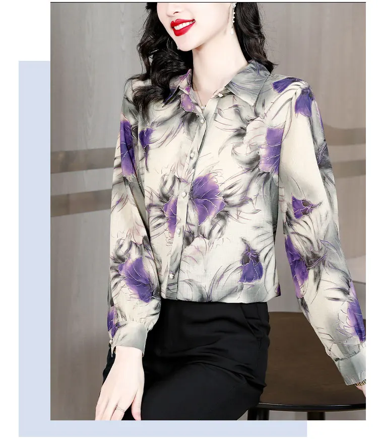 Franse Print Vrouw Blouse Zijde Satijn Shirt Elegant Losse Lantaarn Mouw Kantoor Dames Lente Herfst Pullover Tops