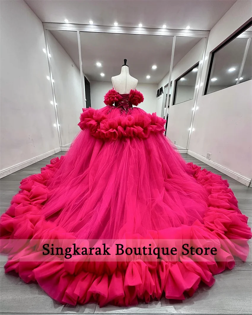 Vestidos de quinceañera de princesa fucsia de lujo, vestido de baile con volantes, cuentas escalonadas, perlas, fiesta de cumpleaños para niñas del siglo XVIII, personalizado, 2025